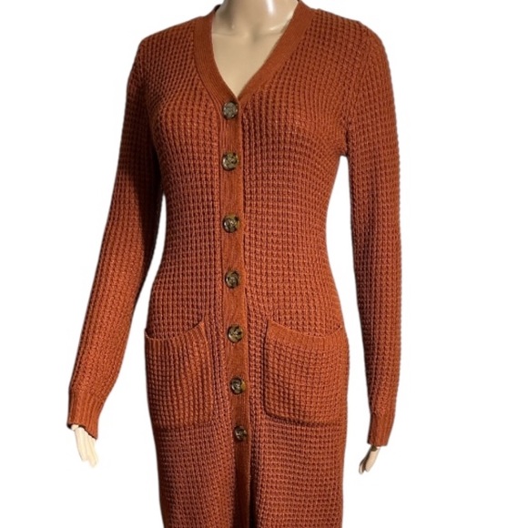 Pink Rose Rust Terracotta Waffle Knit Sweater Dress Long Cardigan - Size M - Picture 1 of 13